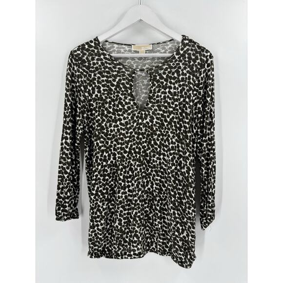 Michael Kors Blouse Womens Small Green Floral Keyhole Neck Long Sleeves Stretchy - Picture 1 of 15